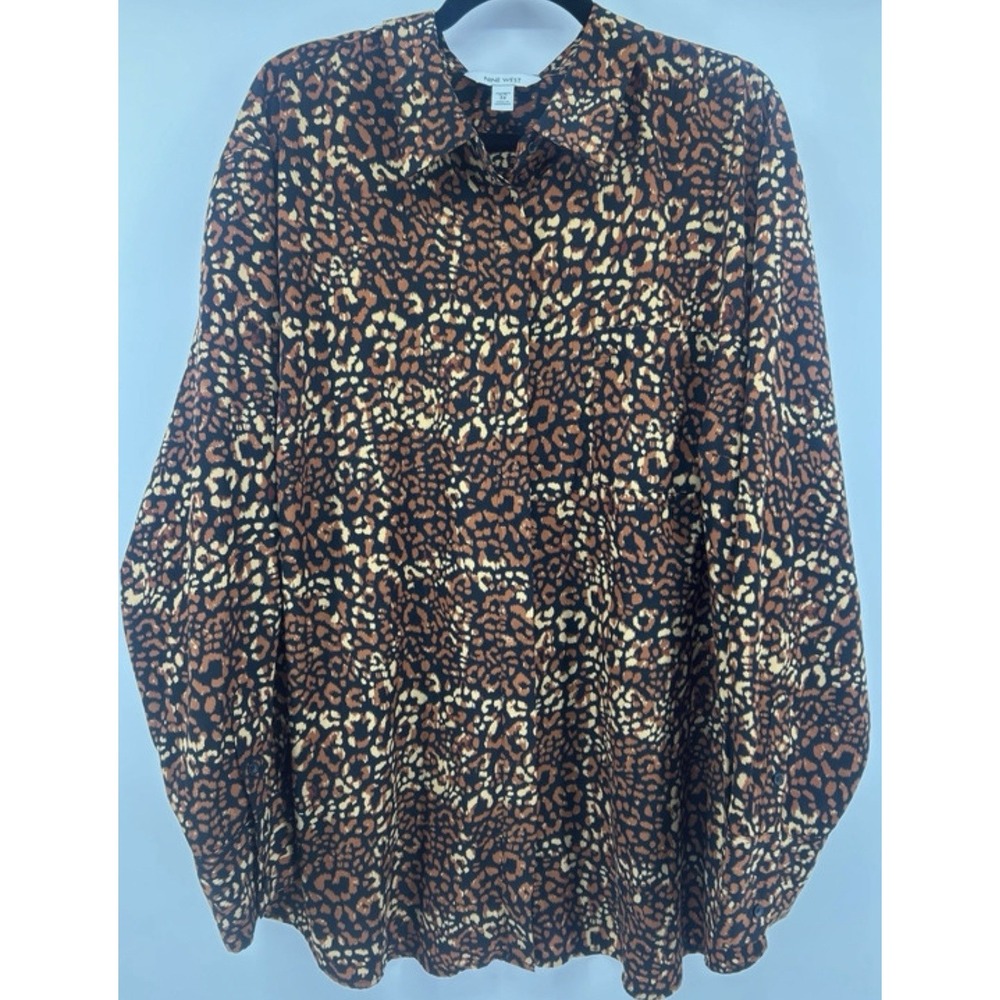 Nine West 3XL Leopard Print Button Down Blouse Plus Size Indie Sleek Mob Wife